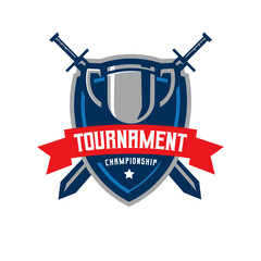 Trophy with sword inside shield logo design