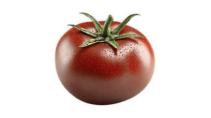 A single dark red tomato with water droplets isolated on transparent background