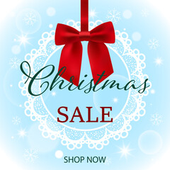 Christmas Sale, Winter Sale Banner, Concept, Blue Background with Red Bow, Holiday Hanging Decoration, Bokeh, Stars, Vector