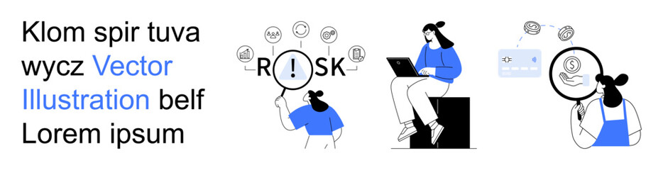 Risk management, decision-making, data analysis, business planning, cybersecurity, consulting. Woman analyzing icons with magnifier, another working on laptop. Risk management and decision-making