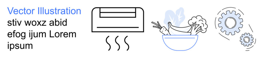 Climate control, healthy eating, technology, home environment, mechanical engineering, industrial processes. Air conditioner, bowl of fruits and gear symbols. Climate control and healthy eating
