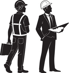 Construction Workers Silhouette with Blueprint and Tools Minimal Black and White Vector