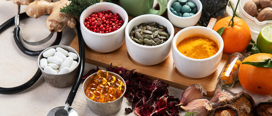 Assortment of herbal and tablets, vitamins and dietary supplements. Healthy life