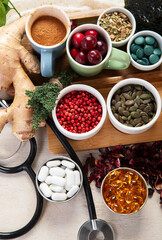 Assortment of herbal and tablets, vitamins and dietary supplements. Healthy life