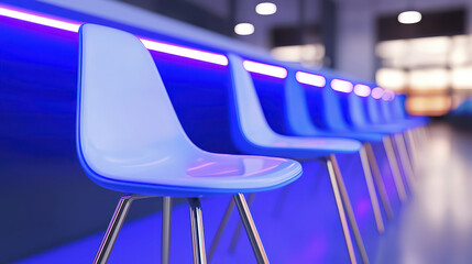 Glowing blue chairs create dynamic texture in modern setting, enhancing atmosphere with vibrant colors