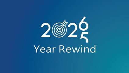 Fototapeta na wymiar Bold white “2026 Year Rewind” typography on a smooth blue gradient background, modern recap banner ideal for annual highlights, social media summaries, video thumbnails, and end‑of‑year presentations.