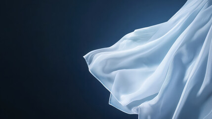 Flowing white fabric drapes gracefully against dark background, creating serene and ethereal atmosphere
