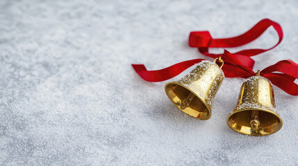 Golden Christmas bells with red ribbons create festive atmosphere, perfect for holiday celebrations and decorations