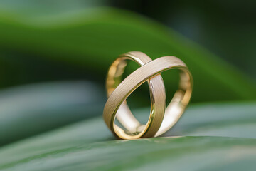 Gold wedding rings intertwined symbolize love and commitment, beautifully displayed on green leaves