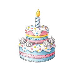 Watercolor Two Tiered Birthday Cake with Candle isolated on a transparent background