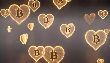 Golden Bitcoin Hearts. Bright glowing crypto hearts floating on a dark background, symbolizing digital value, finance innovation, wealth, and emotional connection.