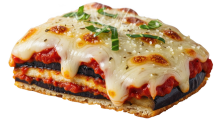 Slice of eggplant parmesan with melted cheese and basil on black italian food