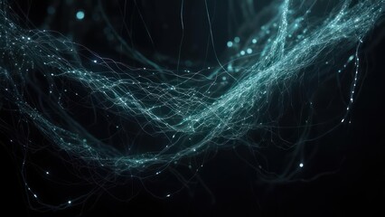 Abstract ethereal blue strands with glowing dots, set against a dark, blurred backdrop