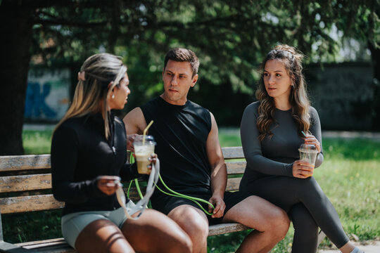 A group of active friends relaxing on a park bench with smoothies post-workout, enjoying the outdoors and engaging in friendly conversation. - Powered by Adobe