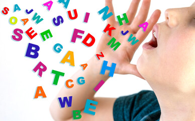 Child's mouth, colorful letters digitally emerging, dyslexia, Dyslalia, speech therapy, phonetics language development, challenging articulation, pronunciation practice session, Fluency Disorders