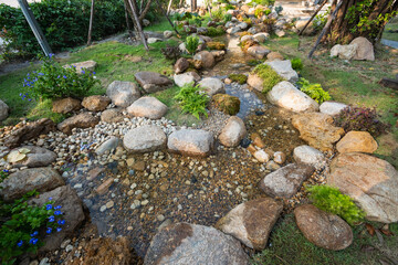 Tranquil stream flowing through botanical garden outdoor serenity nature