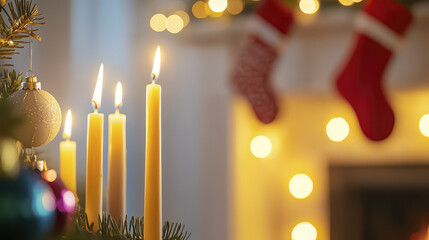 Warm candles illuminate festive scene with holiday decorations, creating cozy atmosphere for celebrations