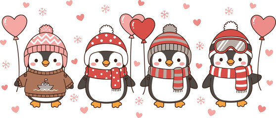 Fototapeta premium Cartoon penguins in winter clothes, heart balloons, festive snowflakes, Valentine theme, cozy accessories, cute animals - flat vector illustration