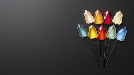 Colorful glass candle holders arranged in creative pattern on dark background, showcasing vibrant hues and elegant design