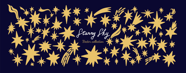 Starry Sky vector magic collection. A dreamy hand-drawn set of celestial elements, stars. 