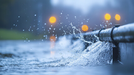 Heavy water splashes from pipe, creating dynamic droplets against blurred background of lights. scene evokes sense
