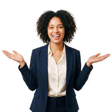 Mixed race business woman open arms waist up isolated white background png transparent cutout female welcoming inviting gesture friendly hug reception corporate hospitality smile studio shot person