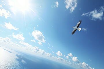Majestic eagle soaring through bright blue sky, surrounded by fluffy clouds and sunlight reflecting on ocean
