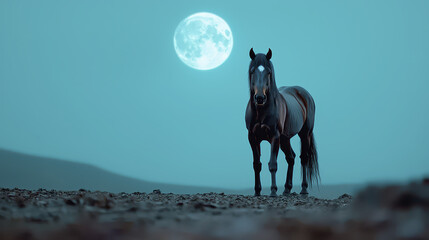 Majestic horse stands under full moon, creating serene and mystical atmosphere. tranquil night sky enhances beauty of scene