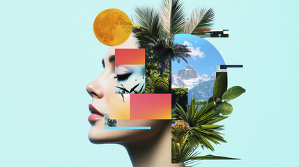 Innovative collage featuring woman profile with tropical elements, mountains, and vibrant colors, evoking creativity