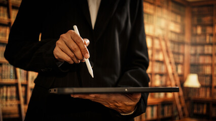 Professional woman holding digital tablet inside library, representing information management, cataloging, evolving responsibilities of modern librarians in physical, digital knowledge environments.