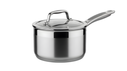 Shiny stainless steel saucepan with lid and handle isolated on black background