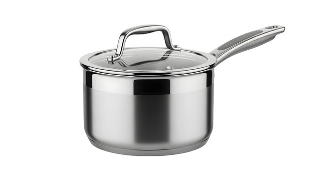 Shiny stainless steel saucepan with lid and handle isolated on black background