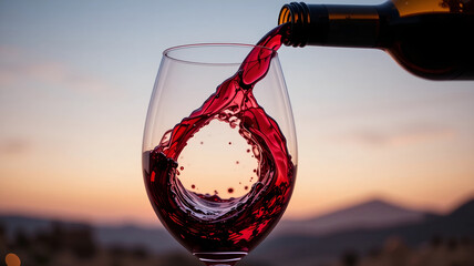 Red Wine Pouring from Bottle into Glass with Blurred Mountain Sunset Background for Vineyard and Romantic Dinner Concept