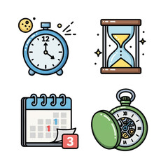 Fototapeta premium Four colorful icons representing various timekeeping devices and scheduling tools.