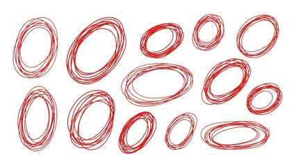 Collection of abstract red and blue oval shapes and scribbles isolated on transparent background