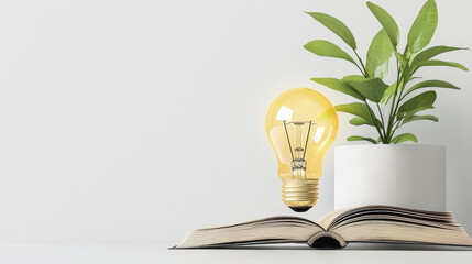 Light bulb illuminates book, symbolizing knowledge and creativity, alongside green plant for fresh atmosphere