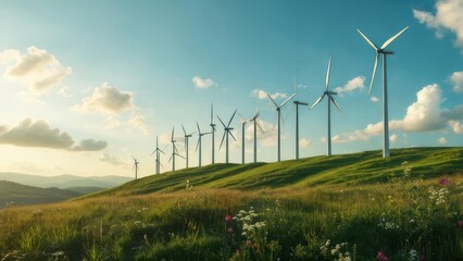 A row of wind turbines on a green hillside under a cloudy blue sky generating renewable power