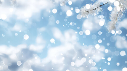 Serene winter scene featuring light blue sky with fluffy clouds and delicate snowflakes falling gently. atmosphere evokes