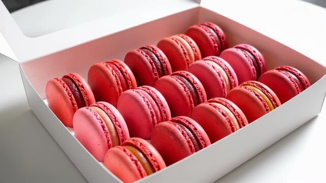 Assorted pink and red macarons arranged in a white gift box. Sweet French pastry dessert concept for Valentine's Day