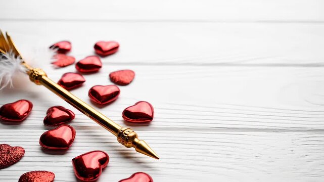 Valentine's Day background with golden Cupid arrow and red hearts. Romantic flat lay on white wooden table with copy space