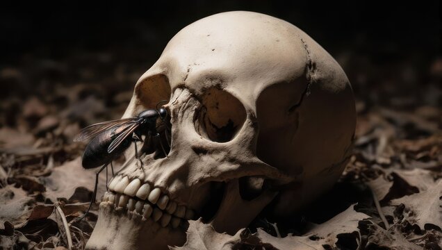 A wasp crawls over a human skull, set on a bed of fallen leaves in a dim, shadowy scene