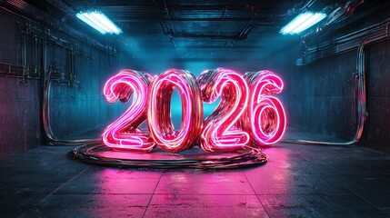 numbers 2026 neon futuristic Neon light display of the year "2026" in a futuristic, industrial setting.