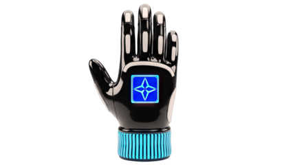 Futuristic Robotic Hand with Glowing Symbol on White Background