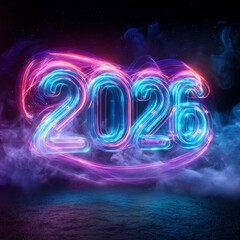 numbers 2026 neon futuristic Colorful light trails form the year 2026 against a dark, smoky background.