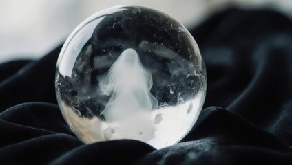 A translucent crystal ball with an ethereal figure inside, resting on dark fabric