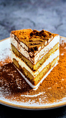 Classic Italian Tiramisu Cake Slice with Cocoa Powder for Premium Dessert Food Object and Gourmet Sweet Concept