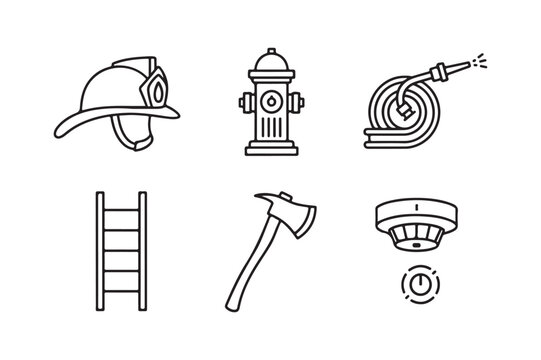 Collection of hand drawn firefighter equipment icons