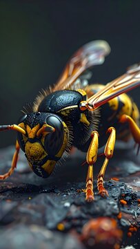 Detailed close-up of a yellowjacket wasp on a rough, dark surface with a blurred dark green backdrop