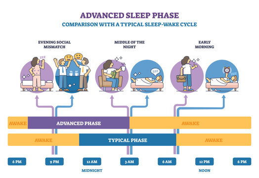 Advanced sleep phase brief diagram shows circadian shift to earlier sleep-wake times, comparing timelines, key visuals, timeline, bed, alarm clock, transparent background.