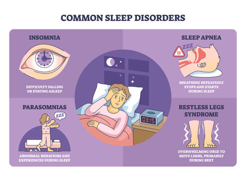 Common sleep disorders diagram explains insomnia, sleep apnea, and restless legs, key objects are a worried patient in bed, bedside clock, and icons for symptoms, transparent background.